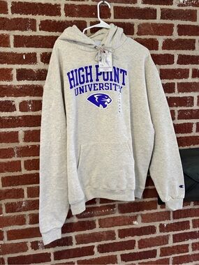 Champion Light Gray High Point University Hooded Sweatshirt with Purple Logo